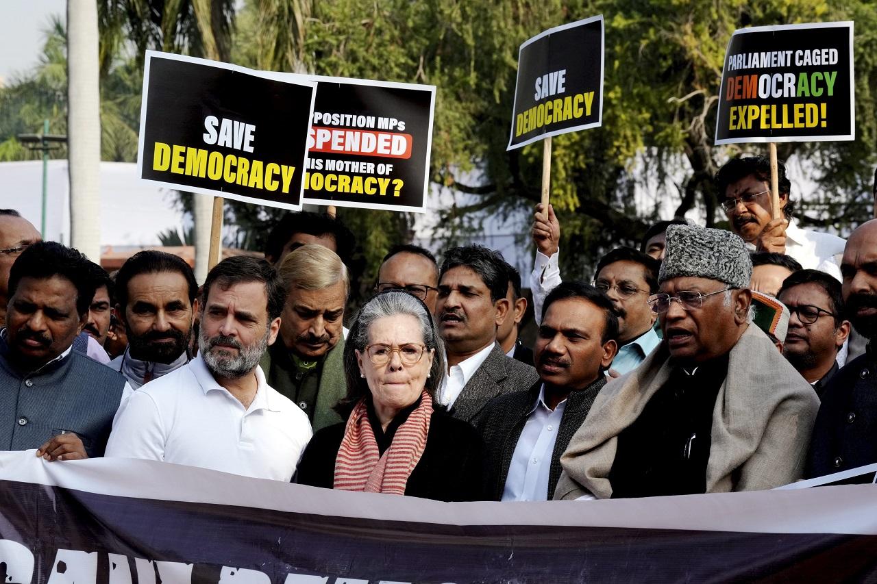 The opposition lawmakers seem unrelenting on the Parliament security breach incident that happened on December 13 and demand a statement from Union Home Minister Amit Shah inside the House. Congress president Mallikarjun Kharge and Congress Parliamentary leader Sonia Gandhi led the protest from the Congress' side while other opposition MPs including those suspended joined in the protest