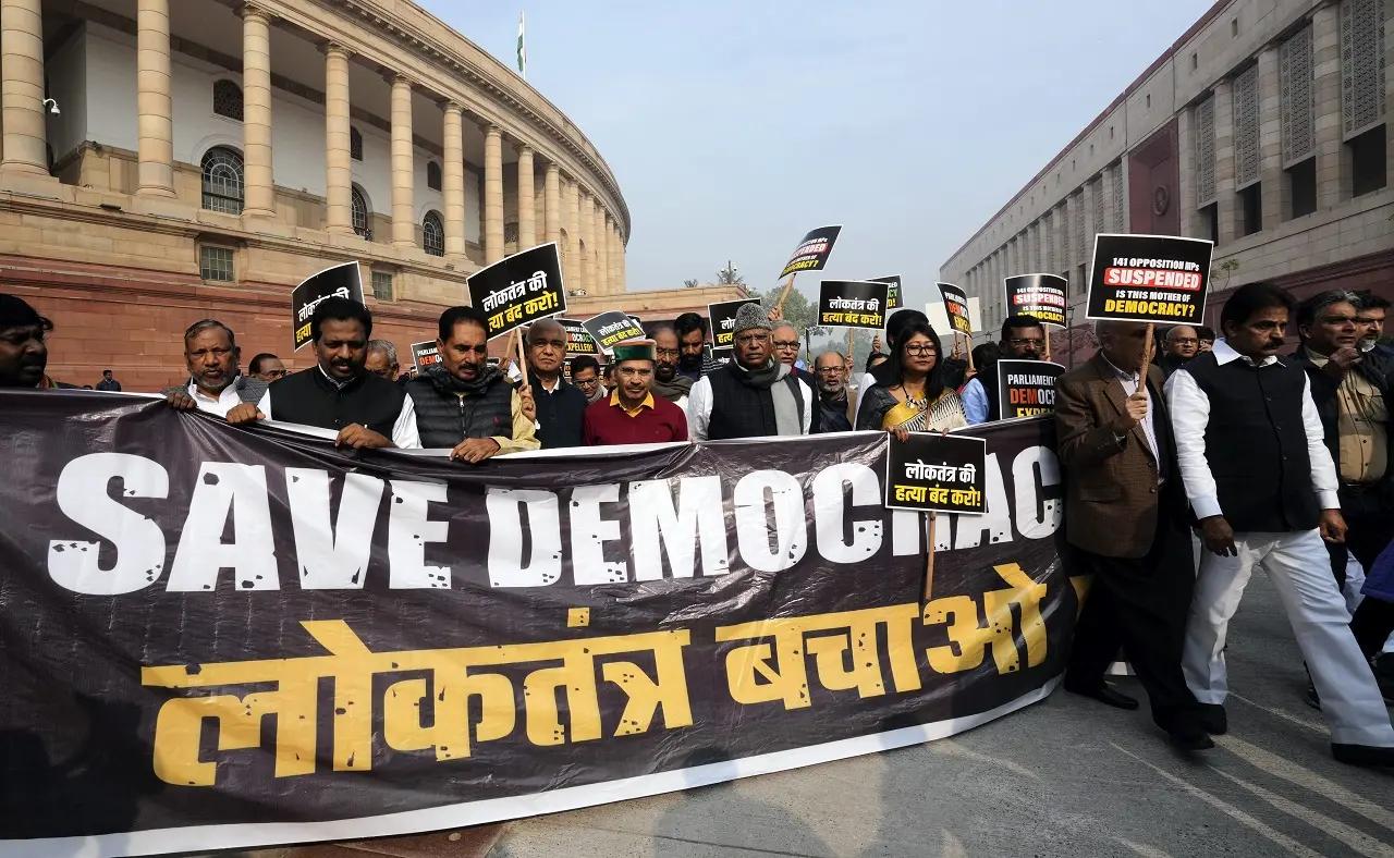 INDIA bloc protests suspension of Opposition MPs, Kharge says democracy under threat