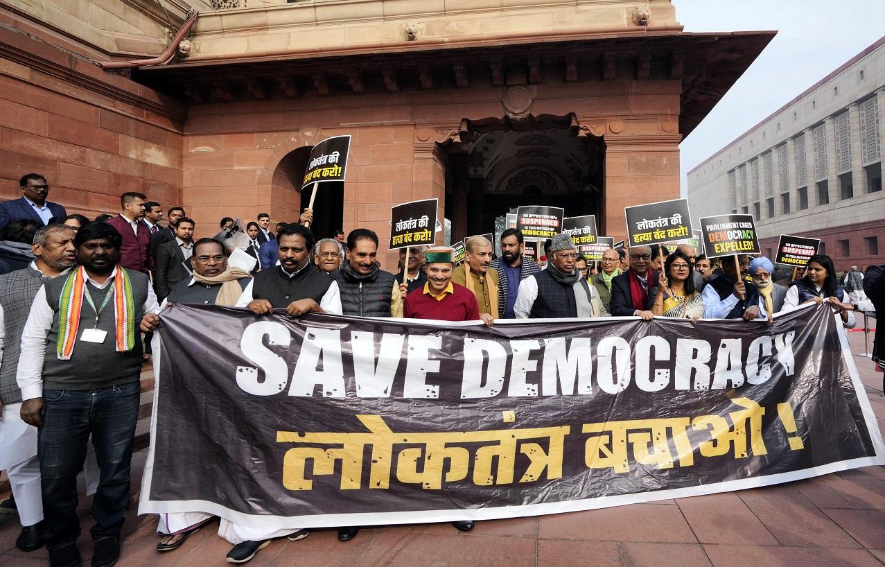 Kharge made the remarks after opposition MPs marched to Vijay Chowk from Parliament to protest the suspension of 143 MPs from the House. The Congress president, flanked by MPs and leaders of INDIA bloc parties, alleged that it was a matter of breach of privilege of the House that Prime Minister Narendra Modi and Home Minister Amit Shah had spoken outside Parliament while it was in session and did not apprise the House over the Lok Sabha security breach incident