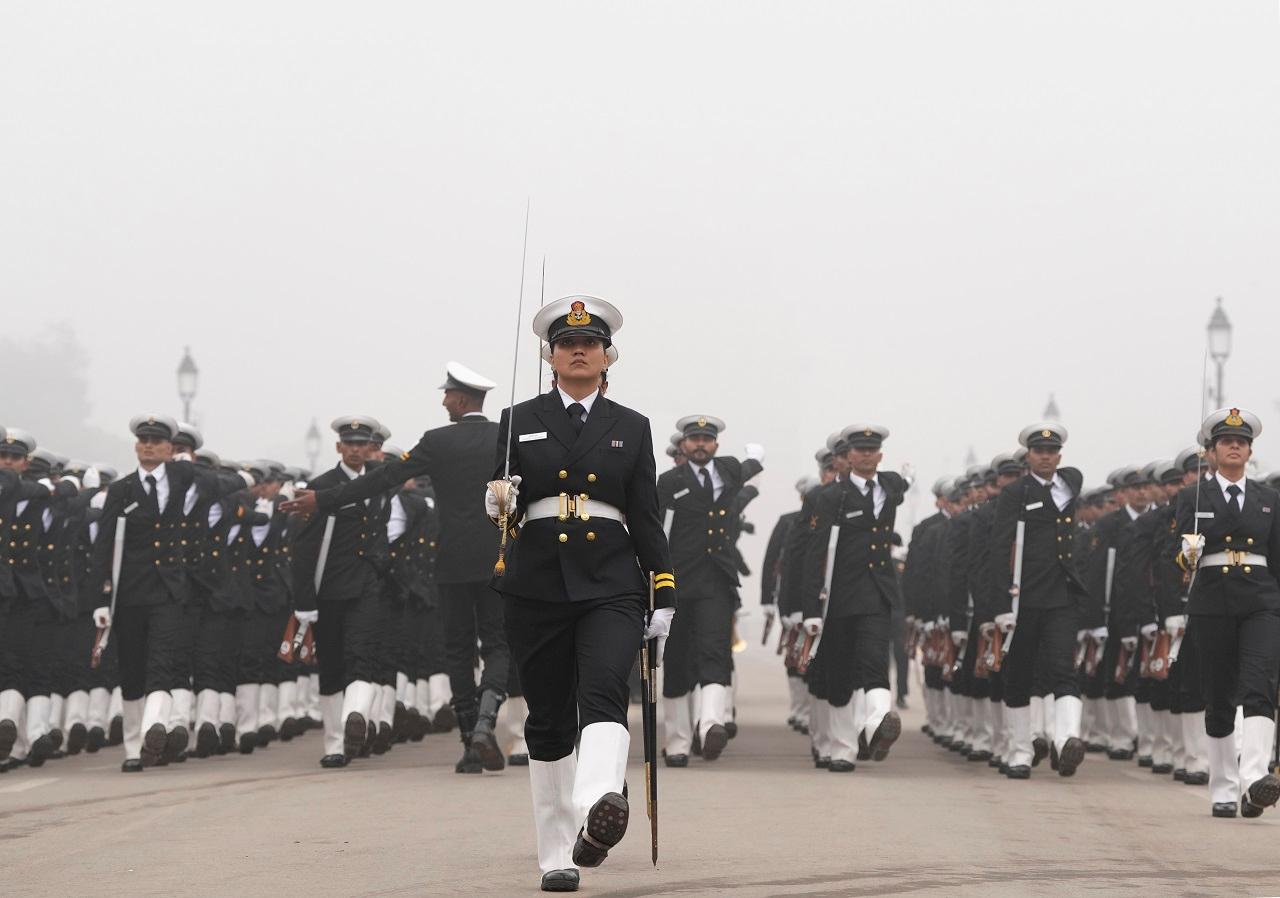 Security forces carried out the Republic Day parade rehearsals amid winter chill and foggy conditions this morning near India Gate and Kartavya Path