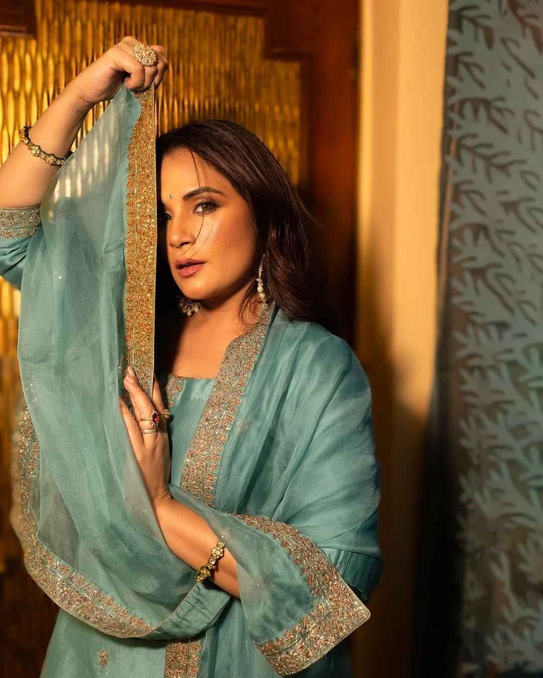 Richa Chadha's interesting sharara suit is a great pick if you are a wedding guest