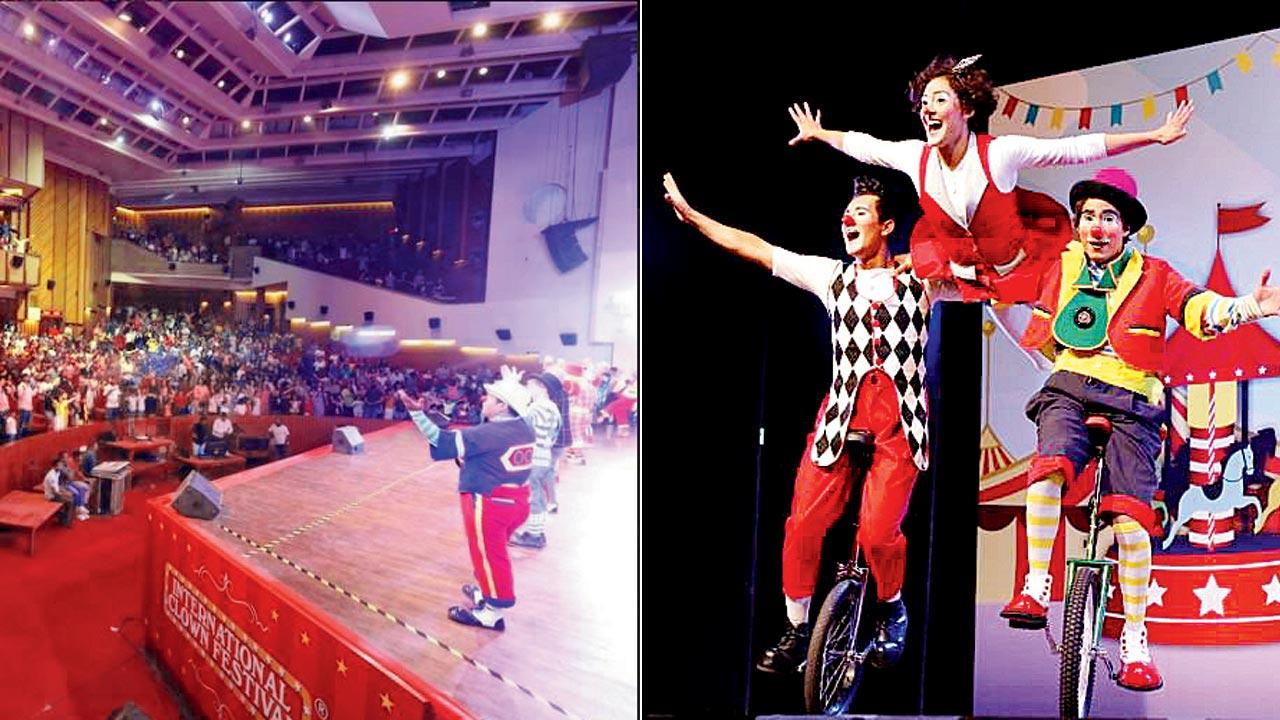 A moment from a previous show; (right) artistes perform a balancing act on unicycles
