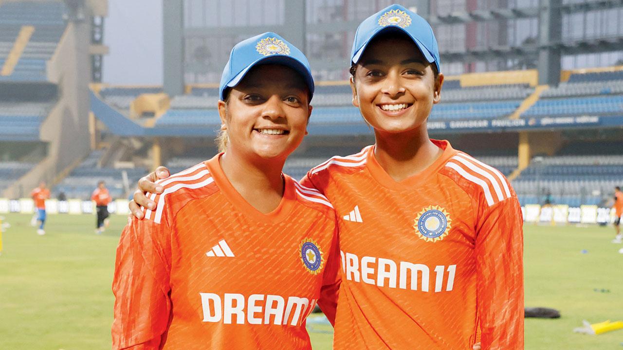 Spinners Saika Ishaque (left) and Shreyanka Patil after receiving their maiden T20I caps on Wednesday. Pic/BCCI