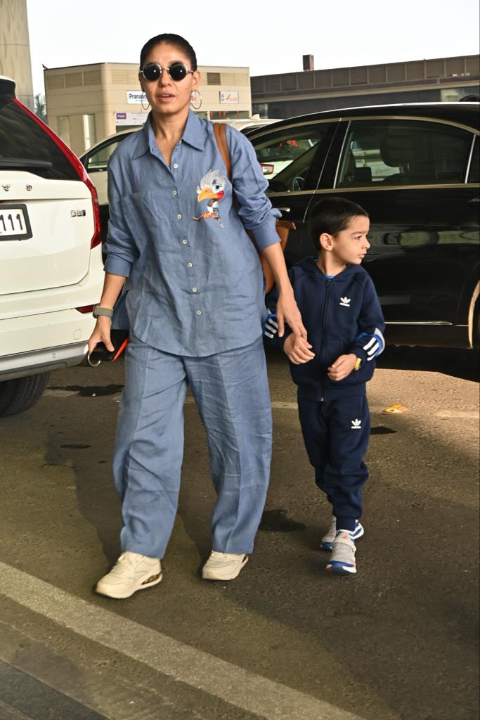 Sunidhi Chauhan was photographed at the airport. The ace singer was with her son 