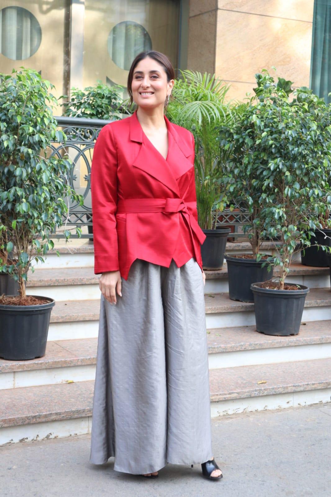 Kareena Kapoor wore a beautiful red top and paired it with a grey log skirt as she was clicked in the city