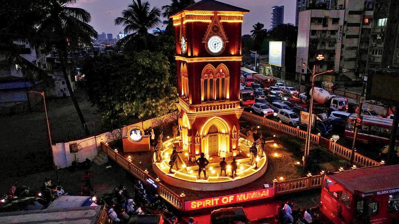 The clock tower all lit up