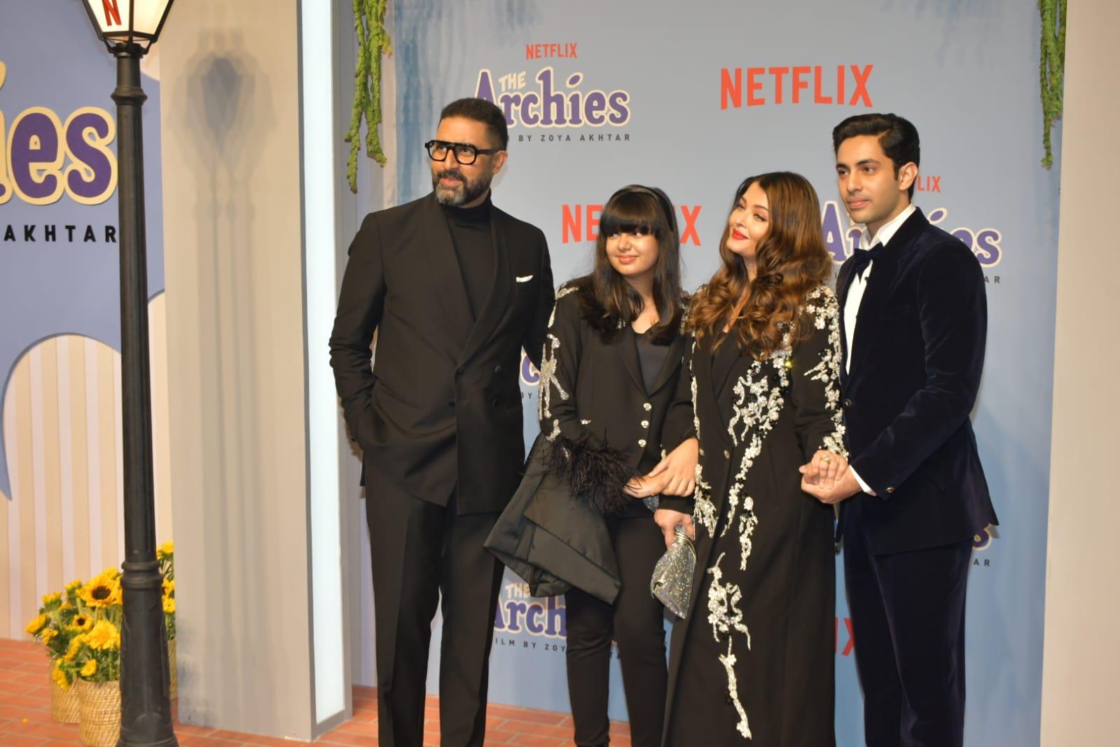 Abhishek, Aishwarya Rai, and Aaradhya Bachchan struck a pose with Agastya Nanda on his big night