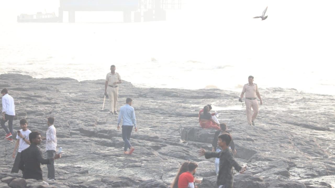 Mumbai Police officials were seen deployed at strategic points along the coastline including Bandstand in Bandra west