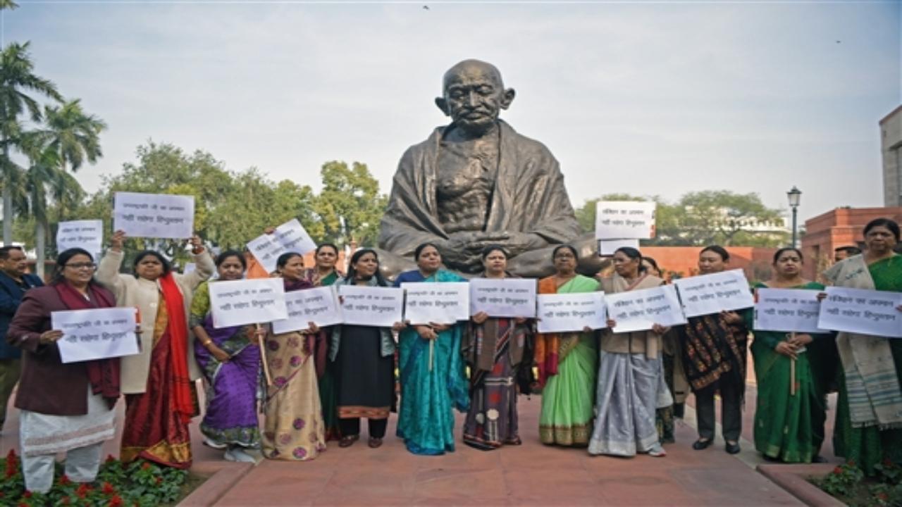 Bharatiya Janata Party (BJP) Women MPs staged a protest against mimicry of Vice President and Rajya Sabha Chairman Jagdeep Dhankhar at Makar Dwar of Parliament House during the Winter Session, in New Delhi on Wednesday.