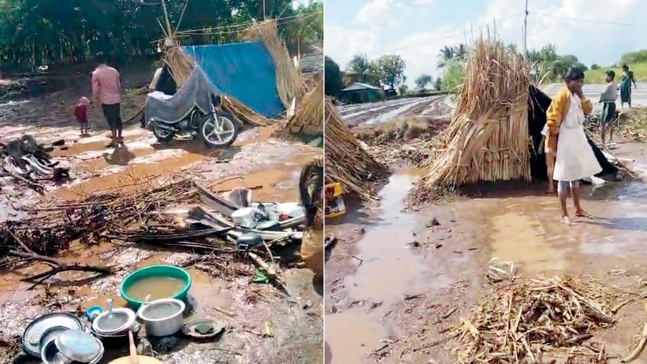 Unseasonal rains destroyed the shelters of bonded labourers at their workplace. Pic/Hanif Patel