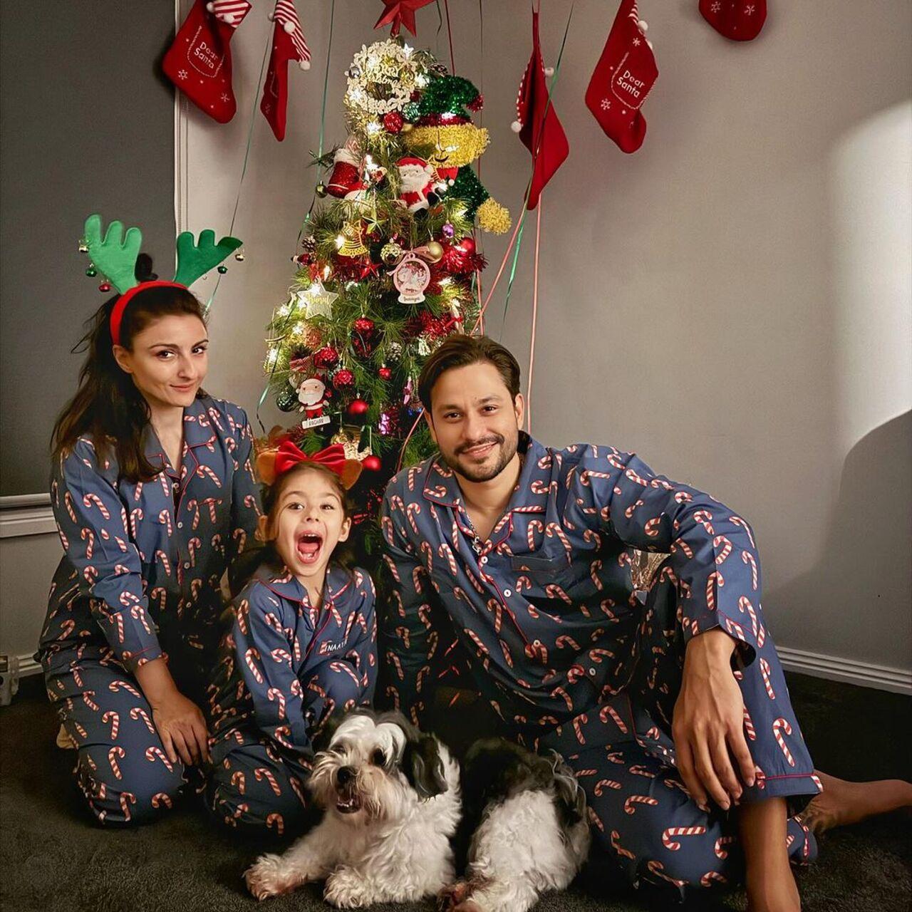 Soha Ali Khan and Kunal Kemmu ringed in Christmas with their daughter Inaaya at their Mumbai home. The trio was seen in matching pyjamas as they posed in front of the Christmas tree