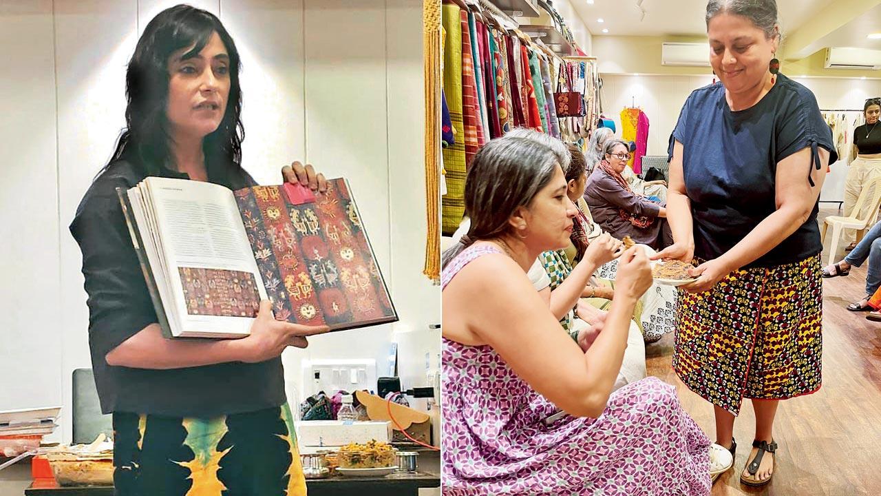 Mid-day’s editor in chief Tinaz Nooshian discusses the sacred fish Ariz in ancient Zoroastrian needlework and sagan ni macchi in Parsi culinary traditions; (right) Rohini Jog of Craft Circle offers Aparna Verma’s beri ka gakar, a sort of delicious flatbread made by Marathi families with leftover mawa residue of home-made ghee, to Ami Naik