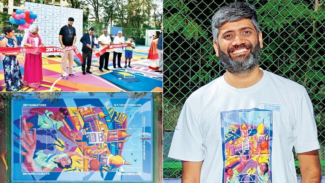 Ronnie Singh from the 2K foundation at the inauguration ceremony; the court sports murals painted by award-winning artist Sneha Chakraborty; Anshul Jain