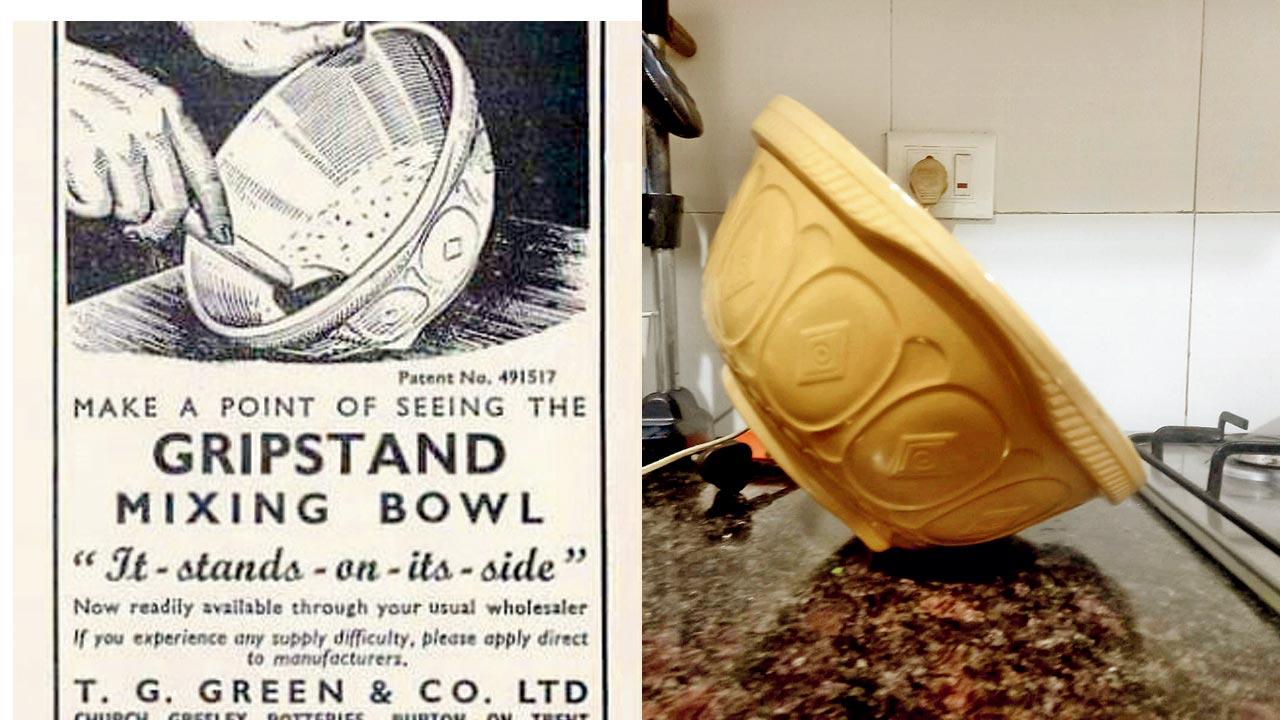 A vintage print advertisement; (right) the mixing bowl on its side
