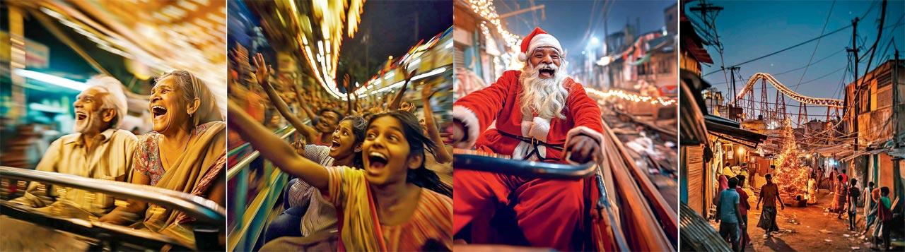 (From left) Artworks from the series show an old couple, children, and an old man dressed as Santa Claus enjoying the ride; (extreme right) this piece shows a slum with an X’mas tree and the rollercoaster 