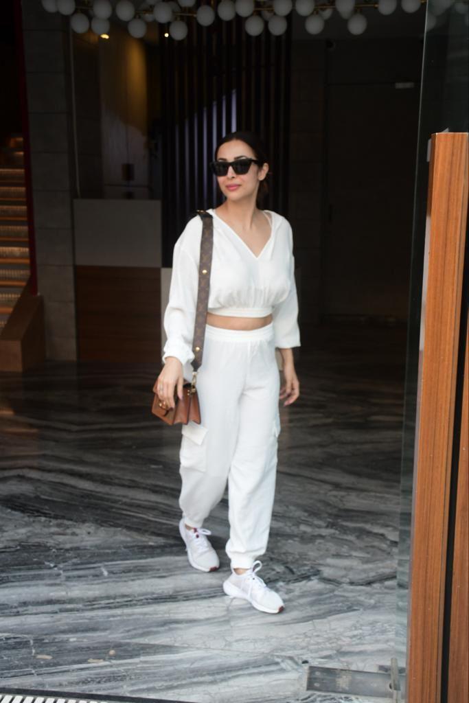 Malaika Arora was spotted at her residence in an all-white ensemble