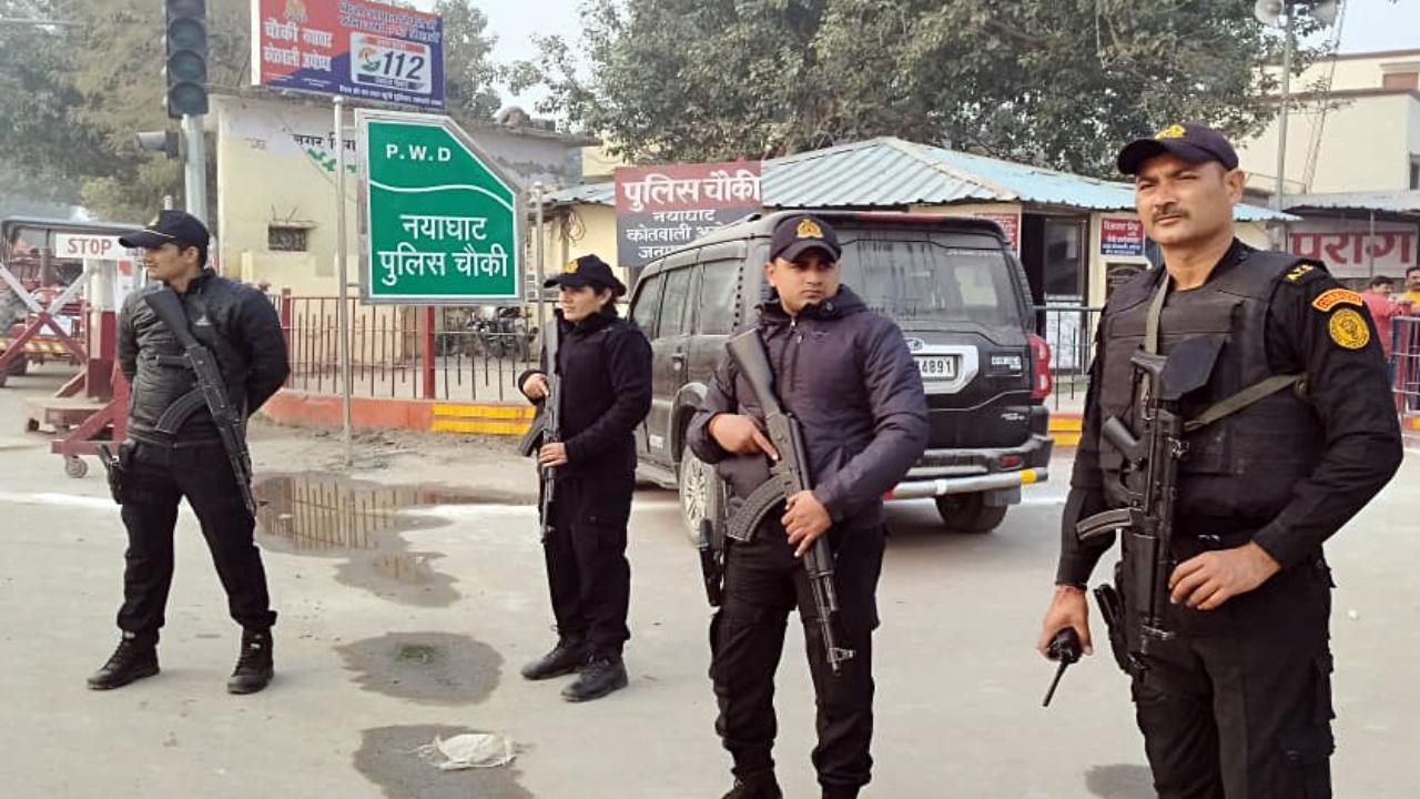 Anti-Terrorism Assistance (ATA) commandos keep vigil after security arrangements heightened on the eve of Prime Minister Narendra Modi's visit, in Ayodhya on Friday. National Security Guards (NSG) among other security forces have been deployed. ANI Photo