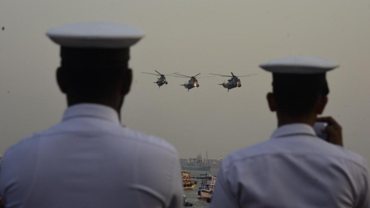 A flypast and Op demo by naval helicopters, continuity drill, Beating Retreat and Sunset ceremony was conducted at the Gateway of India complex. Pics/Atul Kamble