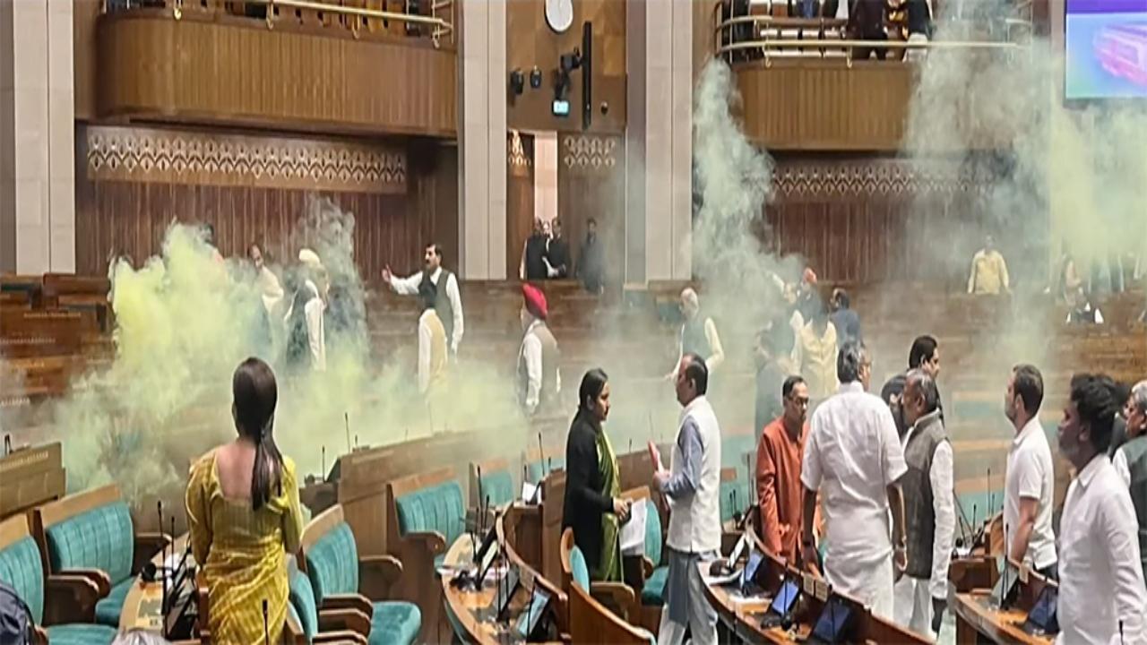 A video grab shows an unidentified man jumping from the visitor's gallery of Lok Sabha, causing a scene using a colour smoke in the House during the Winter Session of Parliament, in New Delhi on Wednesday. ANI Photo