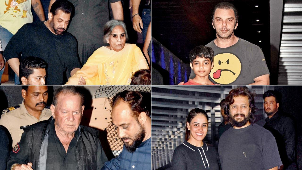 Salman Khan with mother  Salma Khan; Sohail with son Yohan Khan; Salim Khan; Riteish Deshmukh with wife Genelia
