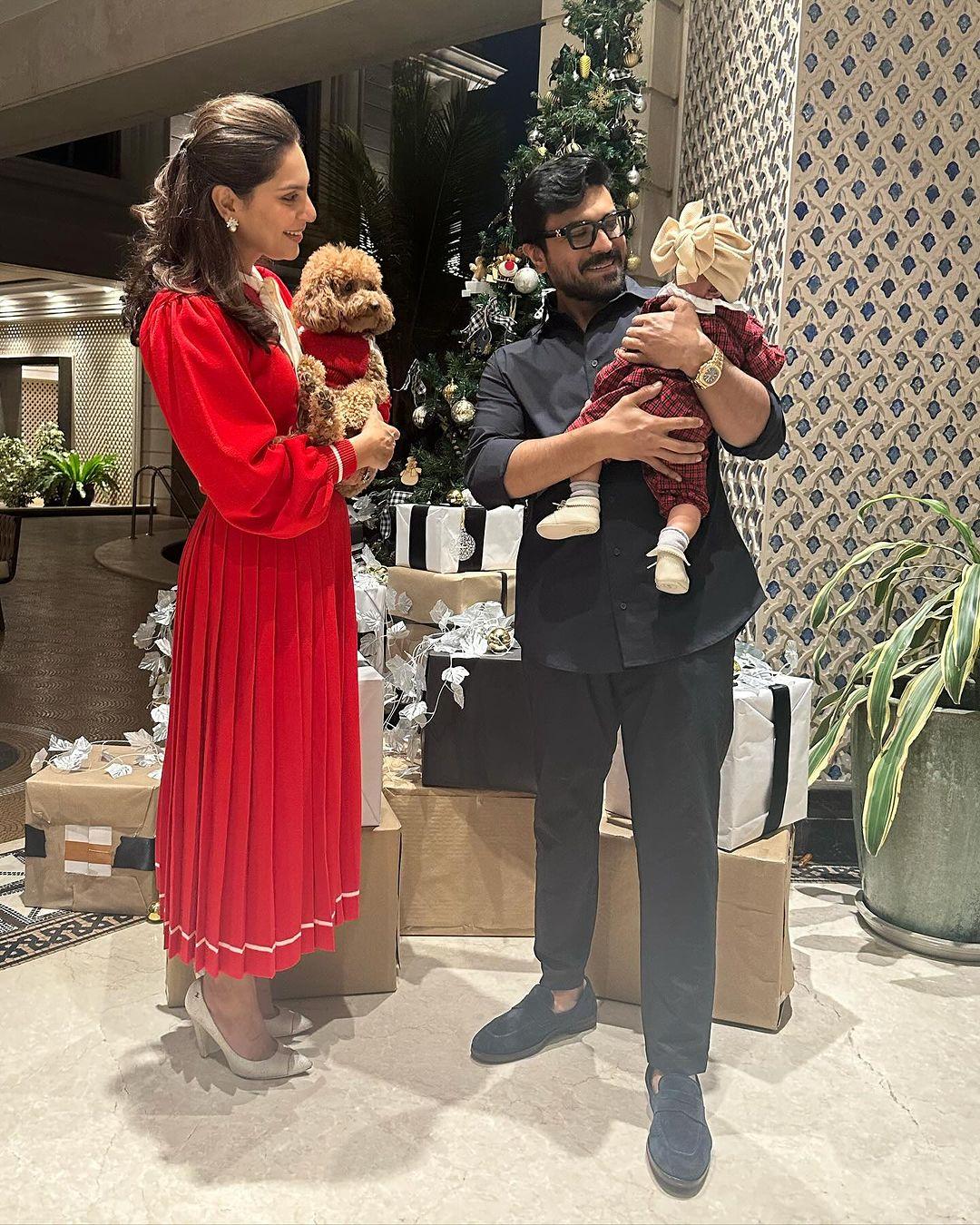 Ram Charan and his wife Upasana shared a glimpse of their joyous Christmas celebration on Instagram, showcasing a special family occasion with their newborn daughter, Klin Kaara, who just turned six months