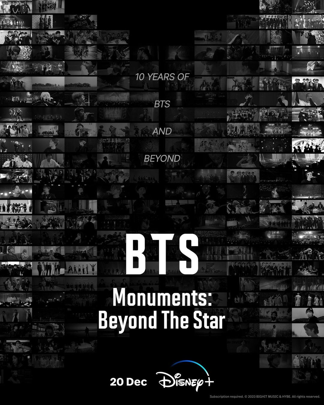 BTS Monuments: Beyond The Star (December 20) -  Disney+HotstarJoin the celebration of BTS's 10th anniversary, capturing their journey as 21st-century pop icons. Experience their rise to stardom and beyond in this exclusive documentary streaming on Disney+Hotstar from December 20.