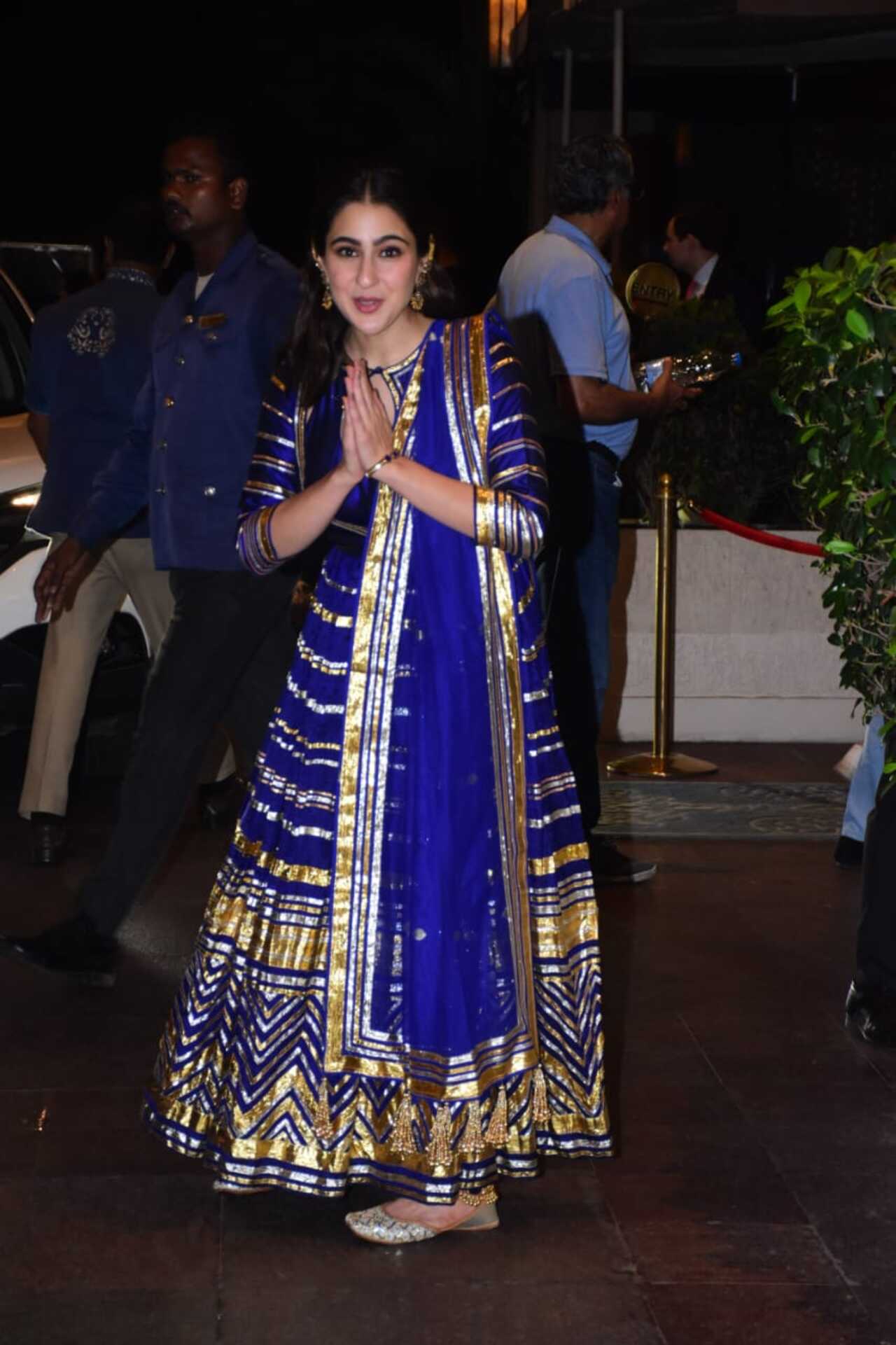 Sara Ali Khan did her trademark namaste to the paparazzi present outside the venue