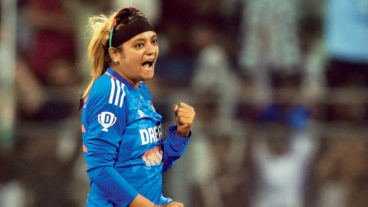 Saika Ishaque is ecstatic afterclaiming the wicket of England’s  Danielle Gibson for a duck