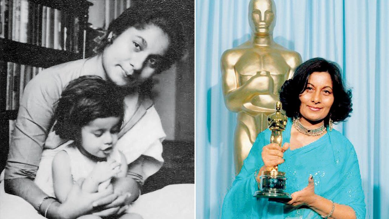 Bhanu Athaiya with daughter Radhika Gupta; (right) Bhanu Athaiya received the Oscar for Gandhi  in 1983