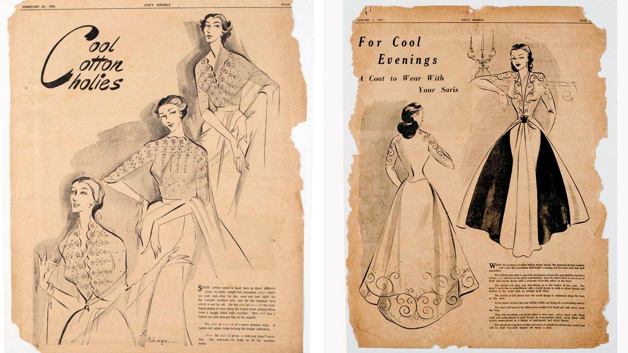 Bhanu Athaiya worked as a fashion illustrator at women’s magazine, Eve’s Weekly; her sketches are on display at the exhibit 