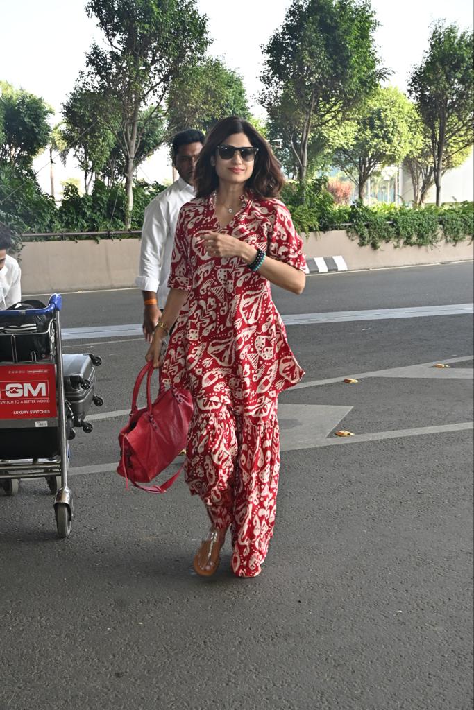 Shamita Shetty opted for a red printed kurta set for her airport look
