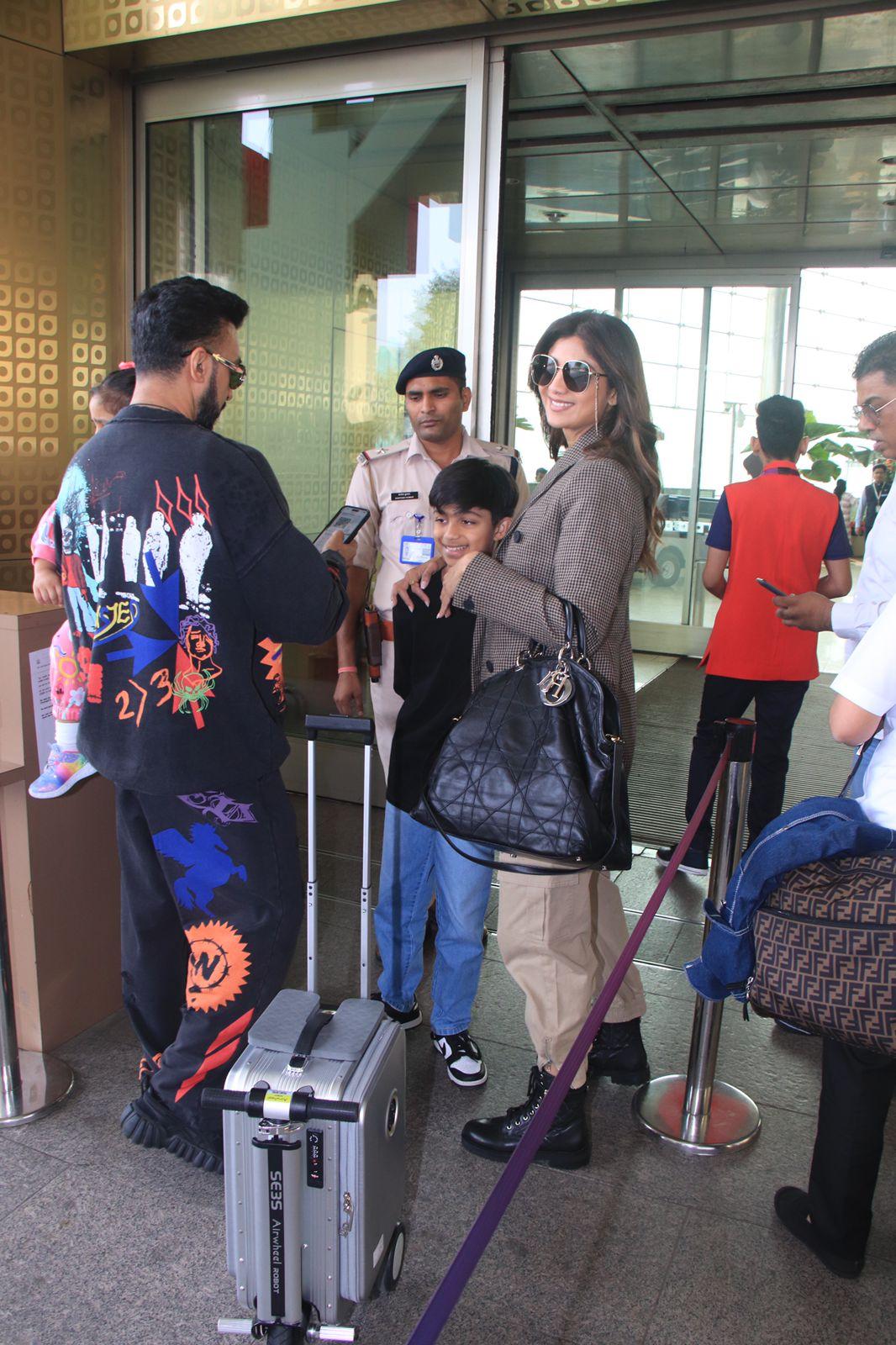Shilpa Shetty was spotted at the airport with husband Raj Kundra and their kids