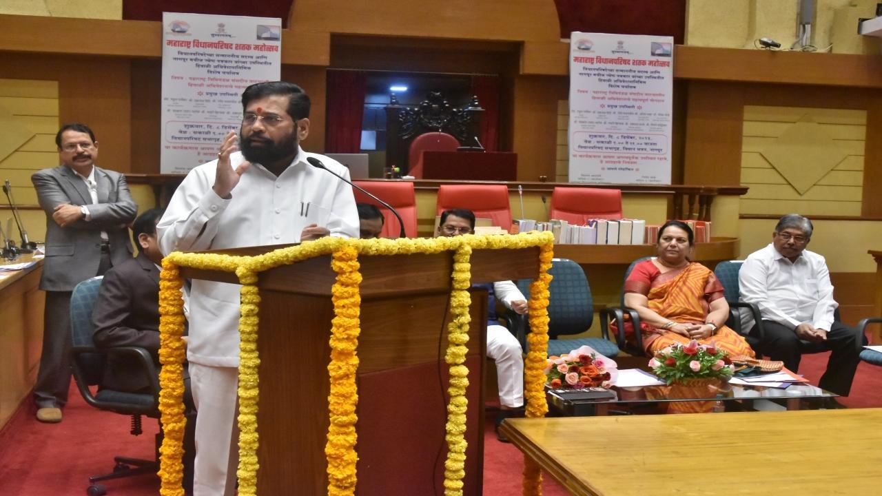 In commemoration of the centenary of the Maharashtra Legislative Council, Maharashtra Chief Minister Eknath Shinde addressed a seminar. Pics/Eknath Shinde/X