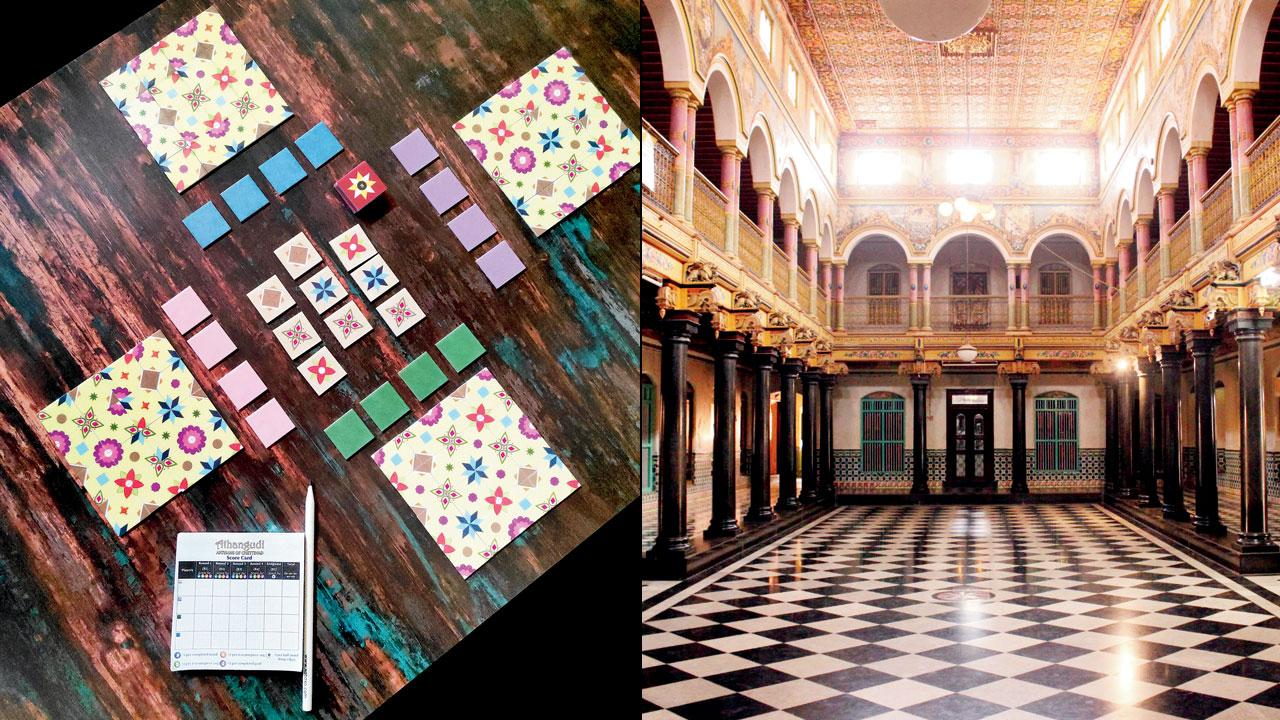 (Left) Contents of the table-top game that can engage two to four players at a time; (right) One of the Athangudi mansions that have inspired the game