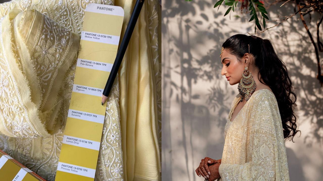 The shade of the lehenga was a custom yellow that could not be pulled out of a contour or a shade card. Colour experts devised the shade from a twenty-shade swatch and dyed the fabric to achieve the exact tint for the mehendi outfit