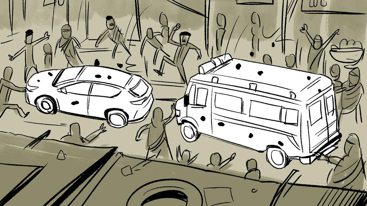 04. The ambulances and cars had moved just a couple of metres when the crowd started stirring, and stones started raining on the vehicles. The ambulance that was ahead sped away but the one behind, which had Zakir, got stuck amid the mob