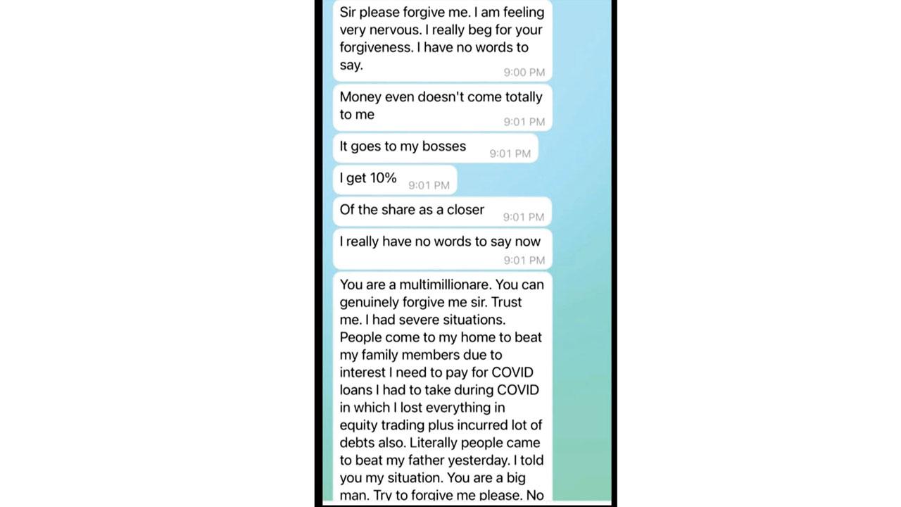 Screenshot of messages sent by a member of the racket to a victim