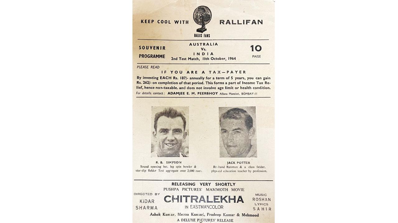 The opening page of the souvenir programme made available to fans at Brabourne Stadium during the India v Australia Test in October 1964