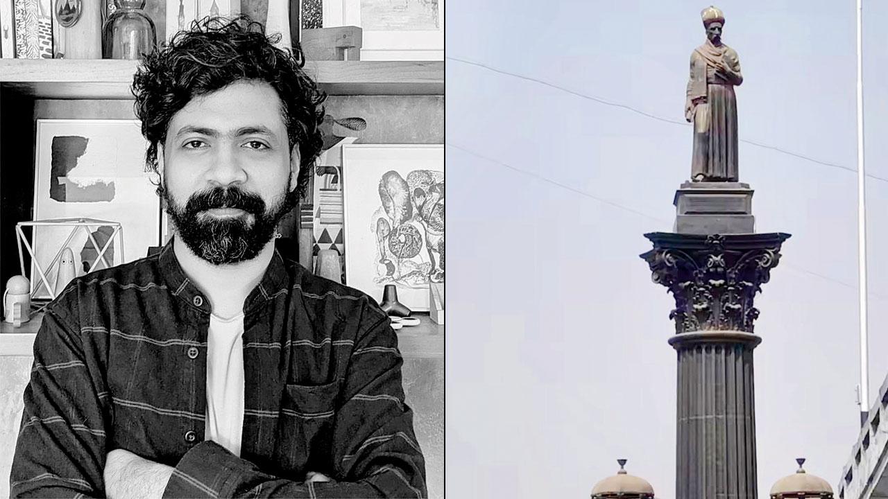 Sameer Kulavoor (left) The Khada Parsi statue at Byculla