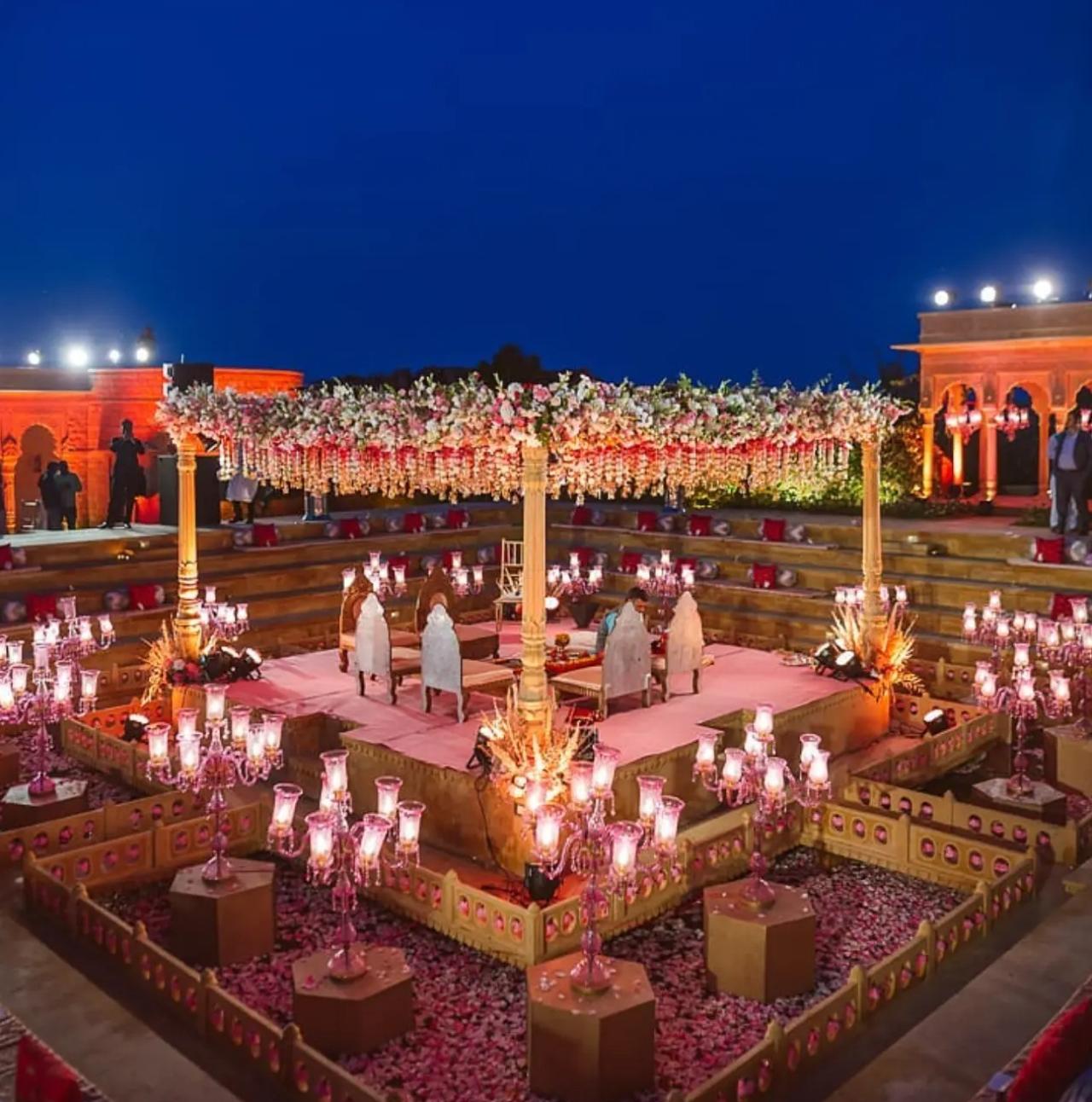 To give a royal look to the wedding, a special mandap has been decorated with indigenous and foreign flowers in Jaisalmer's Suryagarh palace hotel