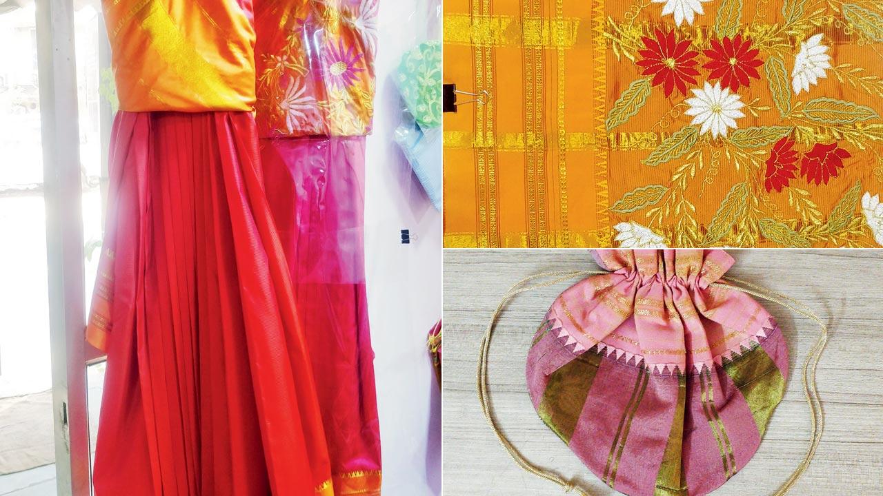 Draped lugra; potlis, scrunchies and bags (Rs 100 to Rs 250) from lugra material
