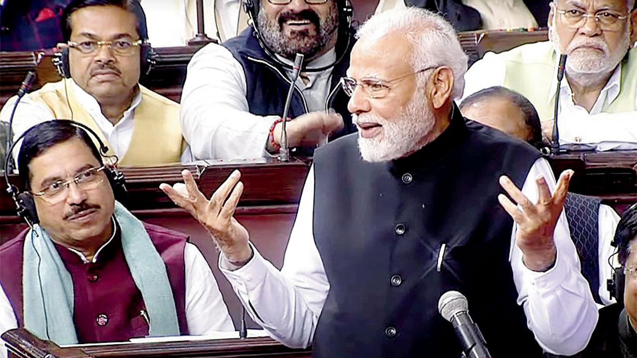 PM Modi addresses the Rajya Sabha, on Thursday. Pic/ANI