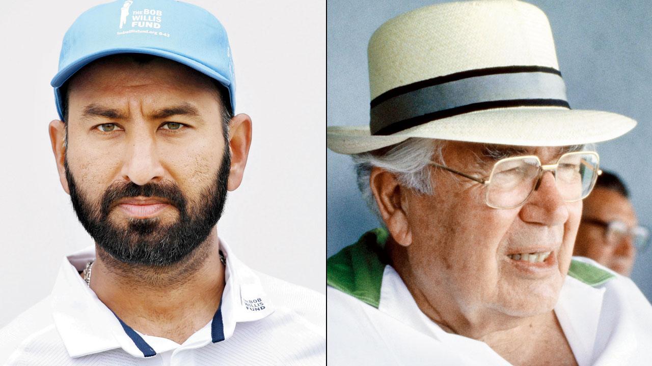 Cheteshwar Pujara; (right)  Cricket writer EW Swanton. Pic/Getty Images