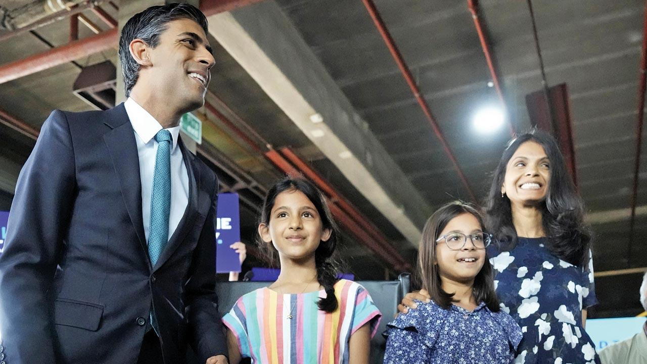 Britain’s Prime Minister Rishi Sunak with wife Akshata Murty and daughters Krisna and Anoushka. Life, admits Sudha Murty, has changed for her daughter in the last couple of months who has always been a low-key person, but is now in the public eye with more scrutiny over everything she does. The granddaughters, she says, are being protected from public glare