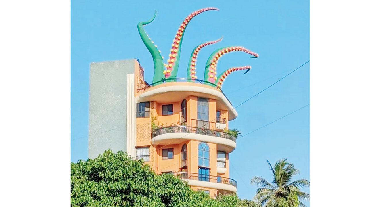 The green and orange tentacles atop Varde Villa. PIC COURTESY/@BANDRABUZZ