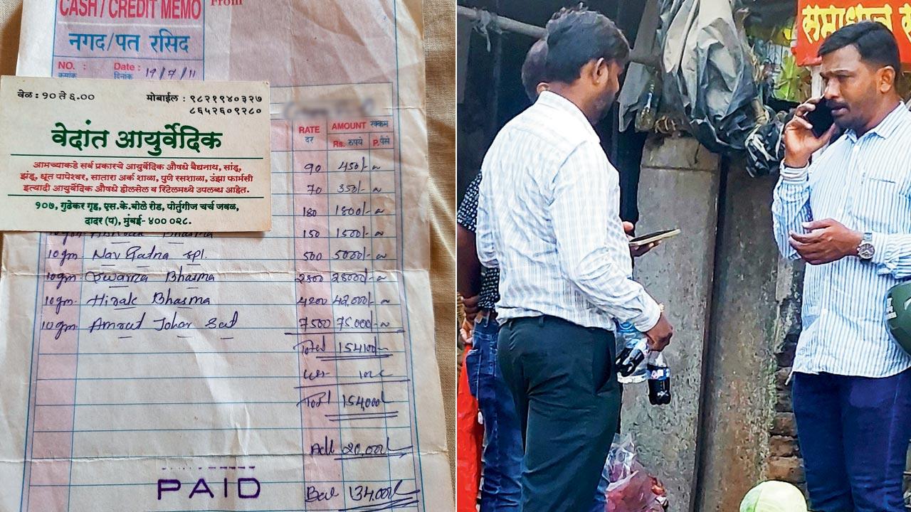 The bill of medicines bought by a woman who met a crook in a mall; (right) mid-day reporters with Krishna Patil, the mastermind