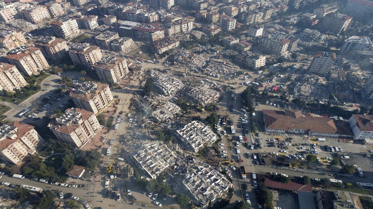Aerial photo showing the destruction in Hatay city center, southern Turkey, Thursday, Feb. 9, 2023. Thousands who lost their homes in a catastrophic earthquake huddled around campfires and clamored for food and water in the bitter cold, three days after the temblor and series of aftershocks hit Turkey and Syria. AP/PTI