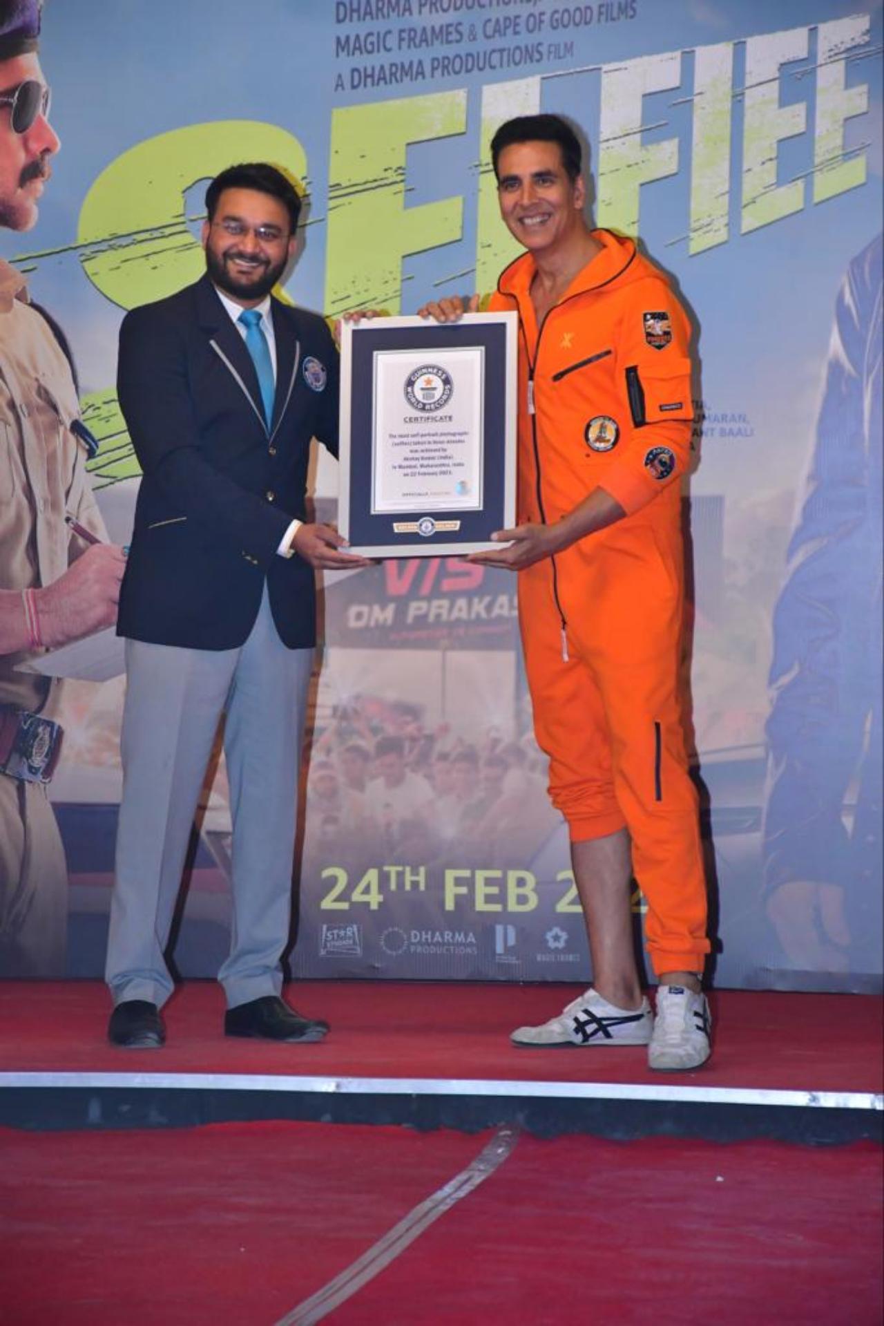 Akshay Kumar broke the Guinness World Records title on February 22 for the Most self-portrait photographs (selfies) taken in three minutes at a meet and greet with fans scheduled in Mumbai, Maharashtra for the promotion of his upcoming movie 'Selfiee' releasing on February 24, 2023. Kumar, known for his disruptive stunts and distinctive records, is now the Guinness World Records title holder for this special feat with 184 selfies. 