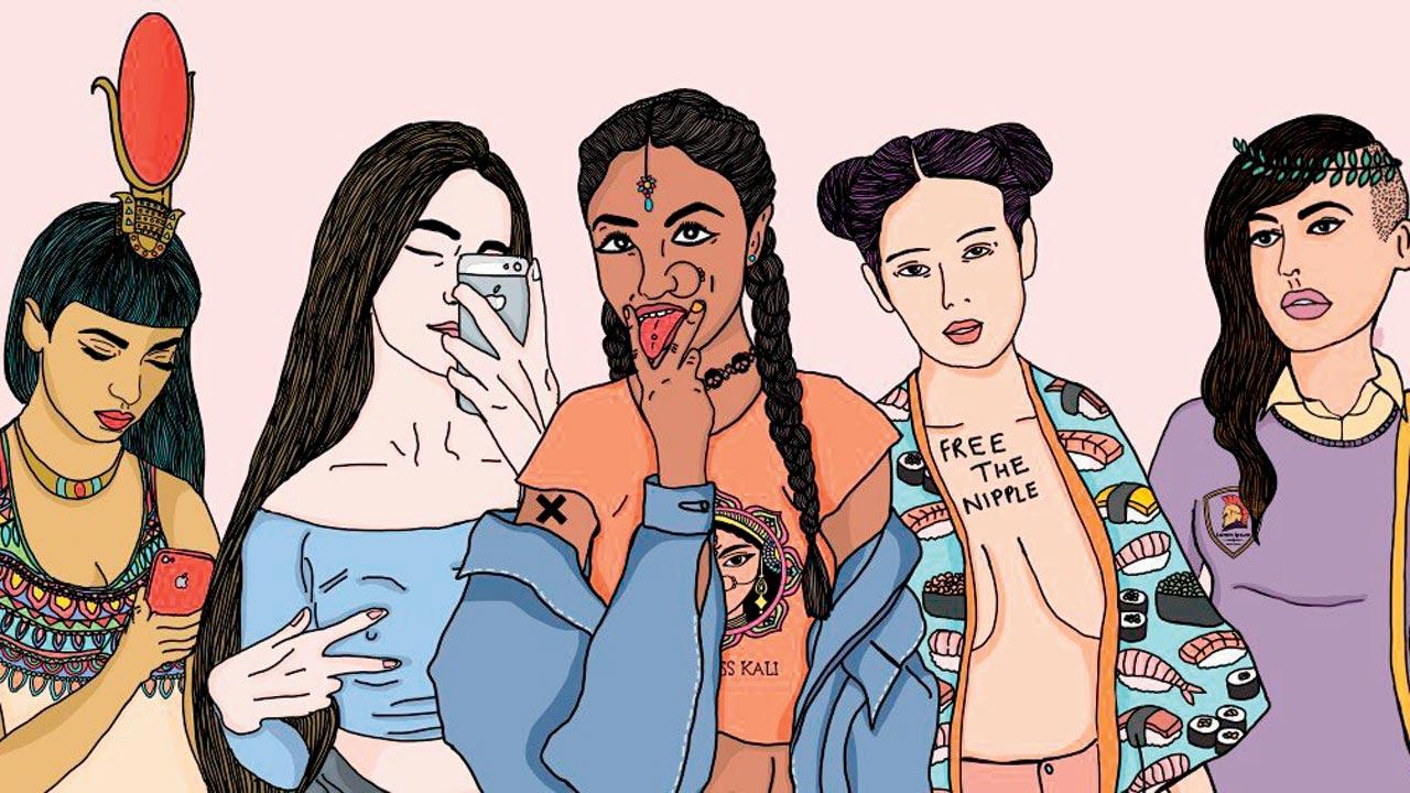 Priyanka Paul’s provocative art is synonymous with strong lines. This sketch re-imagines five goddesses from different cultures as modern women, and how they would exist on social media