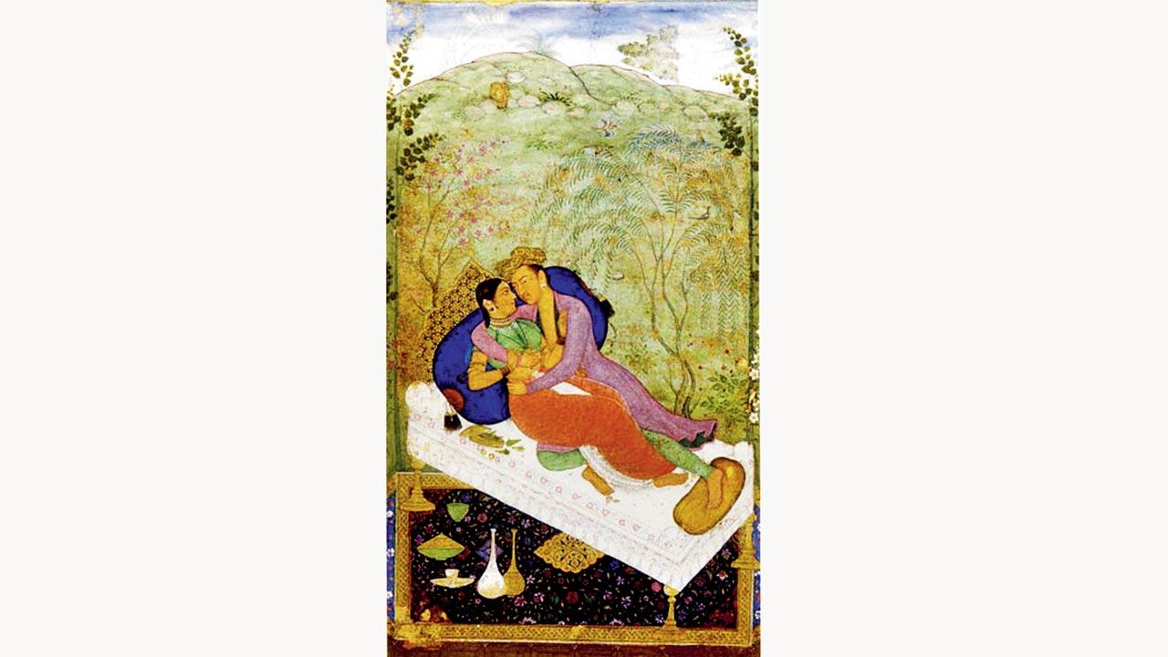 A painting of Prince Murad, son of Akbar, with his wife Mirza in a garden. Mughal School, 16th century, courtesy, Freer Gallery of Art. The painting was part of a 2022 book, Al Fresco Kama: Love Under The Open Sky, curated by Alka Pande for Speaking Tiger Books